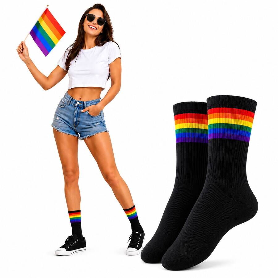 Pride Rainbow Mid-Calf Socks Kit, Colorful Rainbow Design, LGBTQIAPN+ - 黑色 - 查看 1
