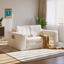 2-Seater Corduroy Modular Foam Sofa Bed, 143x92x61 Cm, Convertible Sleeper Sofa With 2 Cushions, Vacuum Packed - Beige - View 7