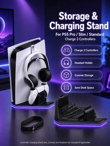 Soporte de almacenamiento y carga multifuncional para P5 Original/Slim/Pro, base de carga dual para controladores, colgador de auriculares, soporte vertical para consola, organizador de accesorios de juego, ahorro de espacio, colocación estable, adecuado para jugadores de P5 - Multicolor - Ver 1