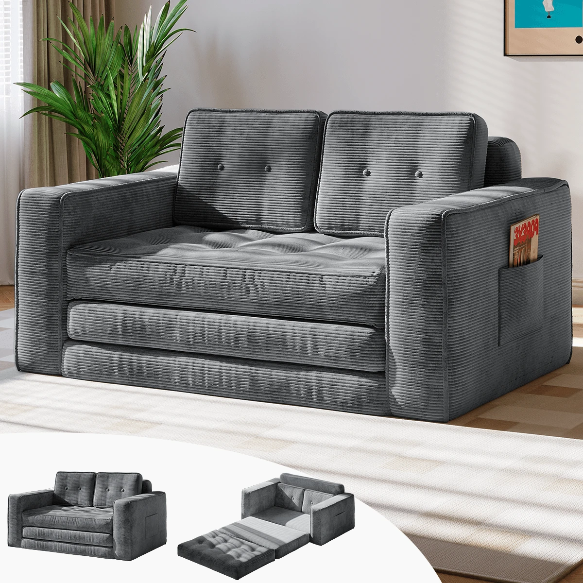 2-Seater Corduroy Modular Foam Sofa Bed, 143x92x61 Cm, Convertible Sleeper Sofa With 2 Cushions, Vacuum Packed - 灰色 - 查看 1