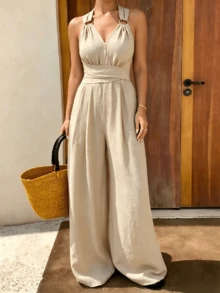 Apricot Casual V-Neck High Waisted Loose Fit Jumpsuit,Summer Lightweight Halter Backless Wide Leg Jumpsuit For Women,Sleeveless Crisscross Back Tie Waist Flowy Pantsuit For Beach Vacation - 杏色 - 查看 4