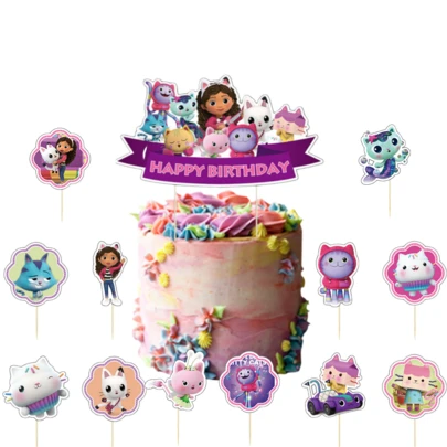 Gabby's Dollhouse Bộ 13 món đồ trang trí sinh nhật chủ đề nhà búp bê Gabi hoạt hình.