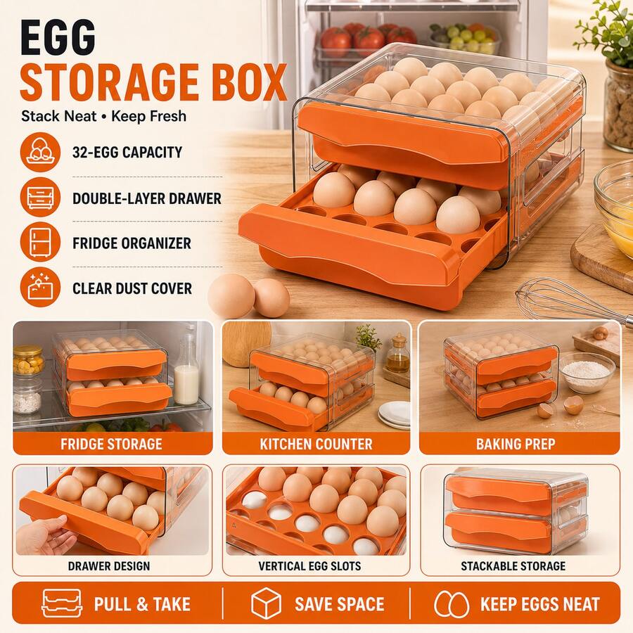 32-Slot Double-Layer Transparent Egg Storage Box, Stackable Pull-Out Egg Holder Tray With Grooves, Suitable For Chicken & Duck Eggs, For Kitchen Fridge And Pantry - Multicolor - View 1
