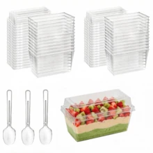 25/50pcs Dessert Cups, 5oz 150ml Dessert Cups With Spoons And Lids, Plastic Dessert Bowls, Reusable Plastic Rectangular Dessert Cups, Mini Plates, Cake Molds, Suitable For Desserts, Pudding, Mousse, Picnic, Party - Transparent - View 5