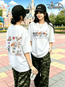 Disney Zootopia Judy/Nick/Officer Cheetah/Flash/Summer Round Neck Loose Women's T-Shirt With Donut And Carrot Print On The Front And Back. Cute And Heartwarming White Short-Sleeved Top Perfect For A Girls' Outing With Friends. (Disney T-Shirt/Teen Girl Clothes/Tween Girl Clothes/Baby Tees For Women/Girls Clothes/Personality/Toddler Girls Clothes) - White - View 1