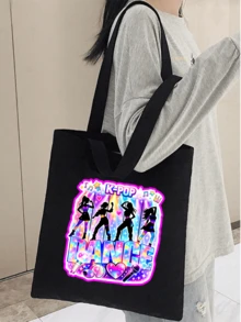 K-Pop帆布托特包，印有「Dance」與酷女孩偶像圖案，大容量肩背包，手繪插畫肩背包，粉絲周邊禮物，通勤與購物袋，可折疊大容量休閒購物袋，適合各種場合，適合旅行、演唱會、粉絲活動、派對、日常使用，理想的生日禮物、偶像周邊禮物、節日禮物、演唱會禮物 - 彩色 - 查看 9