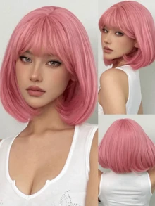 Women's Elegant Pink Bob Wig, Heat-Resistant Fiber, Straight Hair, Rose Net Cap, 100% Density, Suitable For Everyone - Versatile Pink Shoulder-Length Wig - 彩色 - 查看 5