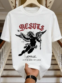 Camisa de manga corta de cuello redondo suave y casual de verano para hombre, estampado gráfico del dios del amor Cupido, ropa de primavera y verano.Blanco - Blanco - Ver 5
