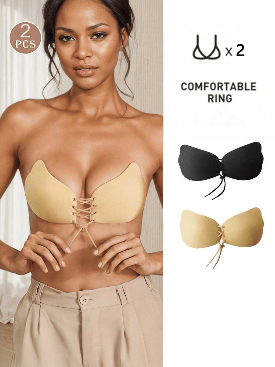 Adjustable Drawstring Tightening Small Breast Invisible Silicone Bra Pads, Women's Strapless Adhesive Bra Inserts - Apricot - View 1