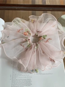 1pc Korean Embroidered Mesh Flower Hair Scrunchie, Gentle Fresh Daily Hair Accessory Ponytail Hair Ties Elastics Rubber Bands - Multicolor - View 5