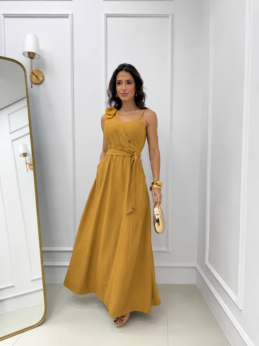 Women's Long Dress With Thin Straps And Bow, Elegant, Chic Party, Wedding, Graduation, Modest Fashion, Padded Bra, Size 3. - 芥末黃 - 查看 1