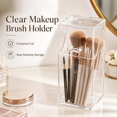 Makeup Brush Holder, Portable Makeup Brush Set, Desk Organizer Box With Lid, Dust-Proof