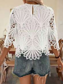 Plus Size Women's White Lace Crop Top, Round Neck, 3/4 Sleeve, Semi-Sheer Hollow Design, Asymmetrical Hem Summer Vacation - White - View 3