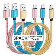 3条装 USB-A 转 USB-C 快速充电数据线 [1米/2米/3米] 尼龙编织 Type-C 同步线。兼容三星 Galaxy A14 5G/A13/A54/A53/A23/A24/A03s/S23/S22 Ultra/S21/S20；也兼容 16/15 系列和各种安卓智能手机。适用于 Type-C 充电器。 - 彩色 - 查看 29