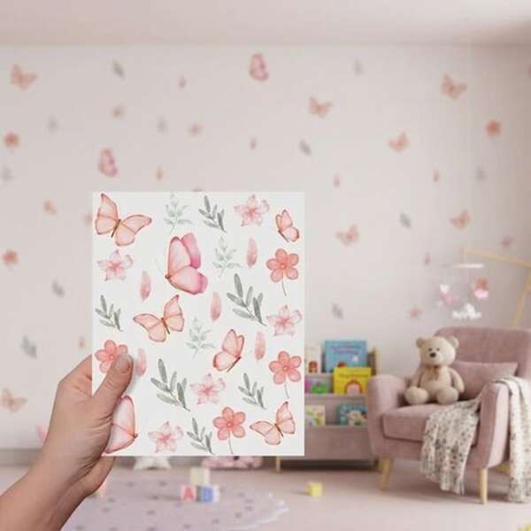 Adesivo de Parede Borboletas e Flores Decoração Delicada para Quarto Infantil Feminino