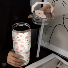 1/5個 30盎司保溫旅行隨行杯，柔粉色雛菊迷你愛心圖案，可折疊攜帶把手，雙功能防漏杯蓋，可重複使用不鏽鋼杯，適合花卉愛好者年輕女性的節日與生日禮物 - 白底粉花 - 查看 6