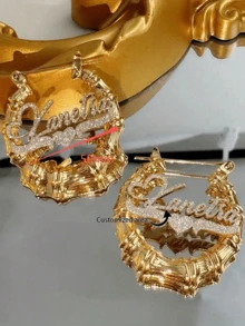 Customized Letter Heart-Shaped Crown Sparkling Bamboo Pendant Earrings, Personalized Name Stainless Steel Earrings, Perfect For Weddings, Valentine's Day, Mother's Day, Cute Earrings, Gold, Fashionable, Retro, Simple, Neutral, Casual, Gift For Her - Gold - View 7