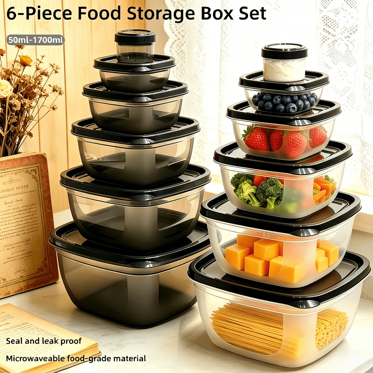 6 Packs Leak-Proof Stackable Food Containers, PP Microwave Dishwasher Freezer Lunch Boxes, Reusable Meal Prep Storage Boxes For School Office Picnic Travel Home Kitchen Accessories, Black & White - Multicolor - View 1