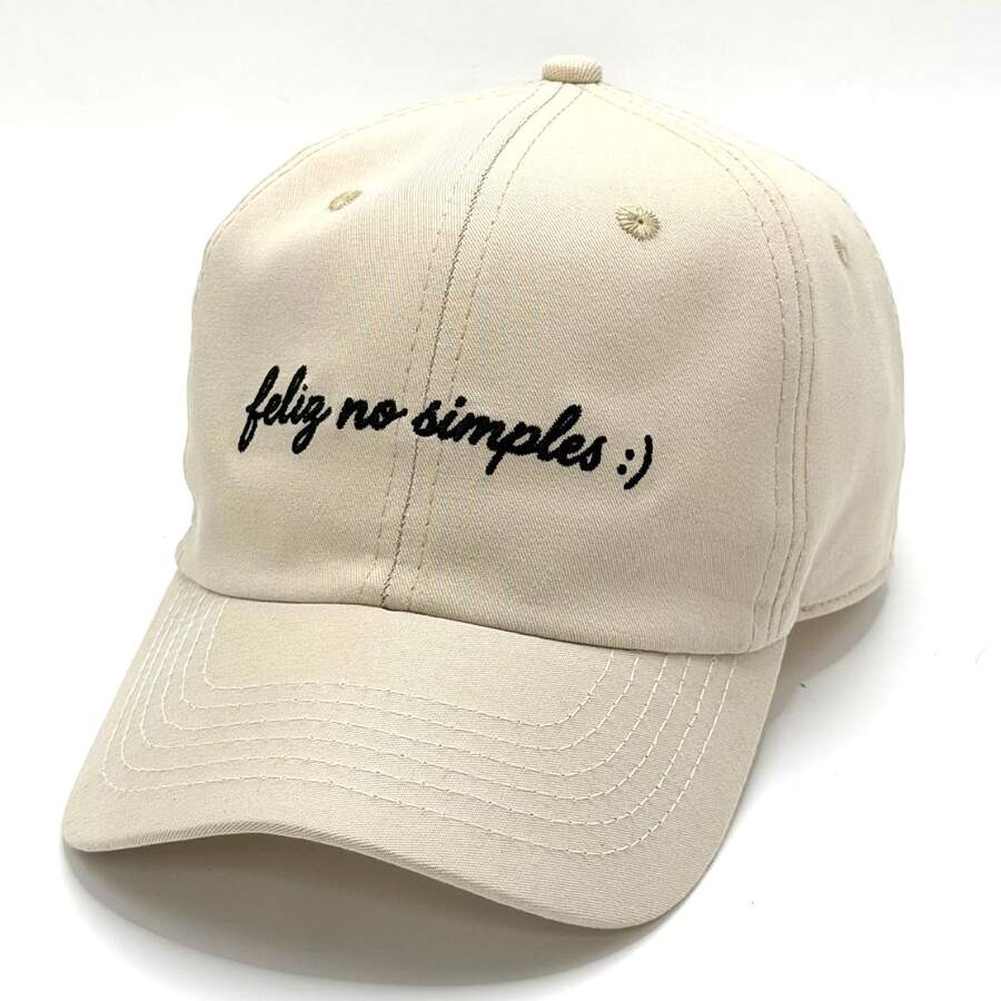 Boné Feliz No Simples Bordado Preto Modelo Dad Hat Premium Unissex Meme Resenha Frase Estilo - Bege - Visão 1
