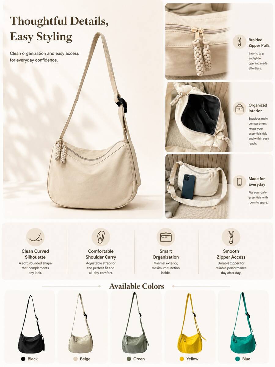 Women's Soft Crescent Shoulder Bag, Casual Nylon Underarm Bag/Crossbody Bag, Woven Zipper Pull, Adjustable Strap, Multi-Pocket Daily Commute Bag, Shoulder Bag, Water Bottle Bag, Sports Cycling Bag, Night Running Bag, Shopping Bag, Essential Cosmetic Bag, Phone Bag, Holiday Gift For Girlfriend, Fashionable Multi-Color Peach Tree Bag - Multicolor - View 1