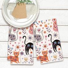 2pcs Minimalist Cute Cartoon Cat Pattern Kitchen Towels, Soft Polyester Material Dish Cloths, Suitable For Kitchen Decor, Cleaning, Holiday Party Decoration, Kitchen & Bathroom Essentials, Home Decor, Housewarming Gift - Multicolor - View 6