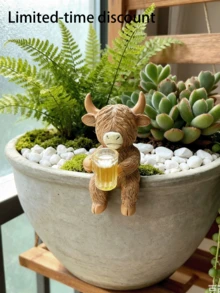 4pcs/1pc Highland Cow Statue Planter Decor, Highland Cow With Wine Glass Design, Cute Planter Accessories Resin Frog Statue Fairy Garden Aesthetic Plant Decor, Suitable For Garden, Yard, Lawn Decor Enthusiasts - A - View 14