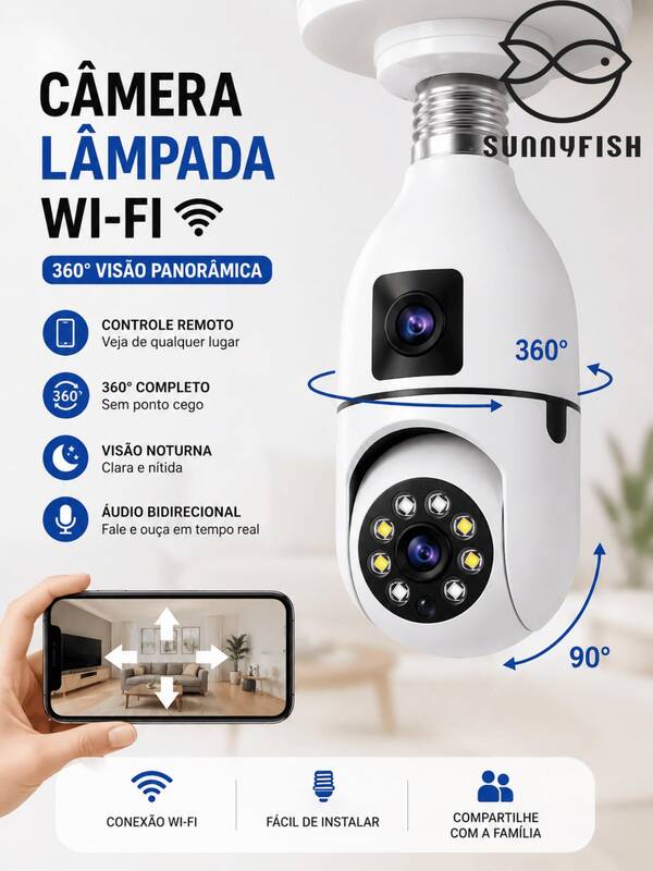 Câmera de Segurança Lâmpada Dupla Lente 2MP, WiFi Sem Fio, Visão Noturna, Controle Remoto para Casa Interna e Externa