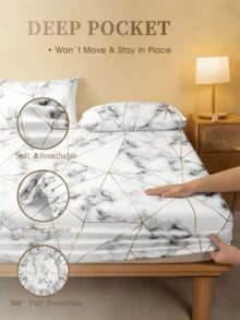 2/3pcs White Marble Geometric Pattern Bedding Set (1pc Fitted Sheet + 1/2pcs Pillowcase), Soft & Breathable, Fits Twin, Full, Queen, King Size Beds, Fitted Sheet Depth Up To 11.8 Inches, Home Textile - White - View 4