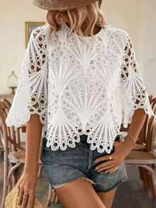 Plus Size Women's White Lace Crop Top, Round Neck, 3/4 Sleeve, Semi-Sheer Hollow Design, Asymmetrical Hem Summer Vacation - White - View 4