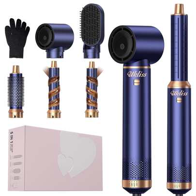 UKLISS 2026 Upgraded 5-In-1 Hair Dryer Brush Set, Hot Air Styler, Professional Hairstyling Tool | 5 Detachable Heads + 3 Adjustable Temperature Levels | Auto Curling + Multi-Functional Styling | Anti-Frizz, Anti-Static, Long-Lasting Shaping, Create Fluffy Bangs/Layered Hairstyles (Blue/Pink/Green/White/Black)