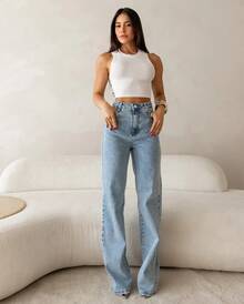Wide Leg Jeans With Elastane - Dusty Blue - View 1