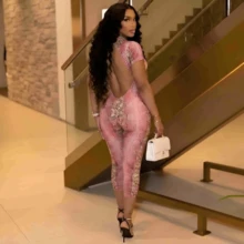 Snake Skin Print Round Neck Backless Elastic Bodycon Jumpsuit, Spring/Summer Pink - Pink - View 5