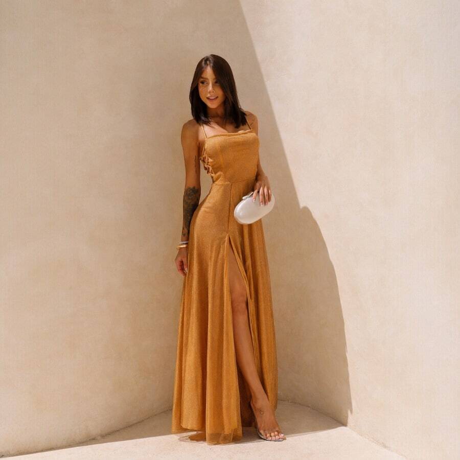 Gabi Dress With Sparkling Tulle And Crossed Side Detail - 駝色 - 查看 1