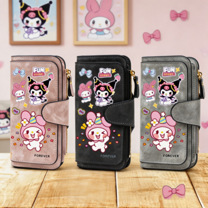  1 chiếc ví trẻ em Sanrio gấp gọn dung tích lớn bằng PU thời trang & ví đựng thẻ, thiết kế in đôi hoạt hình Kuromi X My Melody, hình minh họa Kuromi X My Melody rực rỡ, quà tặng thiết thực cho du lịch dã ngoại mua sắm