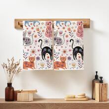 2pcs Minimalist Cute Cartoon Cat Pattern Kitchen Towels, Soft Polyester Material Dish Cloths, Suitable For Kitchen Decor, Cleaning, Holiday Party Decoration, Kitchen & Bathroom Essentials, Home Decor, Housewarming Gift - Multicolor - View 5