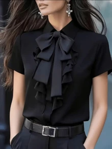 Blusa elegante para mujer con volantes y decoración de lazo, manga corta - unicolor, diseño de manga larga, cierre con botones delanteros, negro, verano - Negro - Ver 5