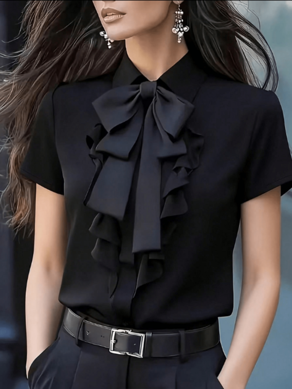 Women's Elegant Ruffle Bow Decor Short Sleeve Blouse - Solid Color, Long Sleeve Design, Front Button Closure Black Summer