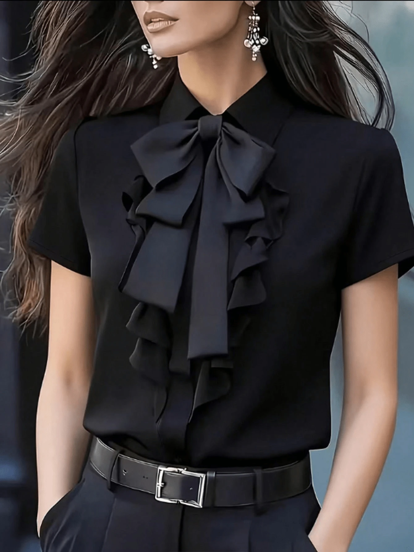 Women's Elegant Ruffle Bow Decor Short Sleeve Blouse - Solid Color, Long Sleeve Design, Front Button Closure Black Summer