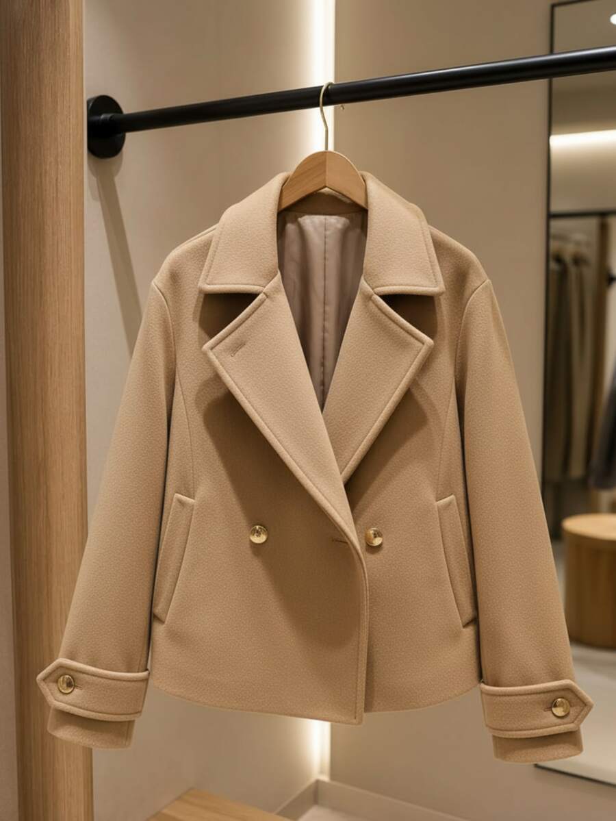 Women's Jacket, Cold Weather Coat, Woolen Coat, Blouse With Buttons, Luxury - 米色 - 查看 1