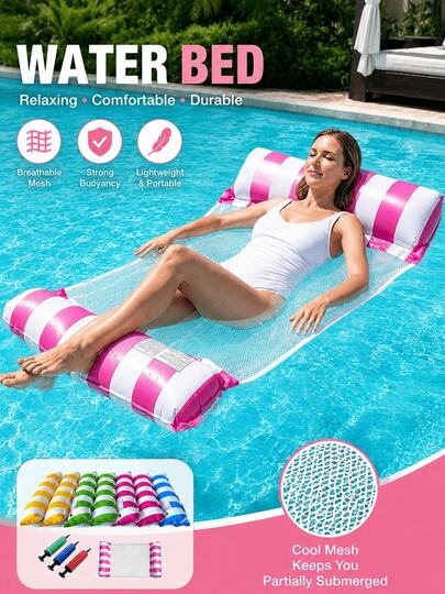 Striped Inflatable Floating Lounger, Water Hammock, Water Bed, Floating Bed, Chaise Lounge, Floating Mat, Swimming Pool Summer Accessories, Suitable For Water Vacation & Leisure, Inflatable Pool Hammock - Striped Adult Recliner, Suitable For Vacation, Party And Leisure Relaxation, Outdoor Hammock, Essential For Beach And Pool, Waterproof Phone Bag Compatible, Great For Water Photography, Camping, Outdoor Gear, Travel Essentials, Interesting Gift