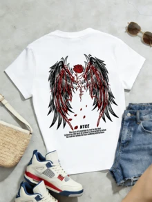 Women's Summer Casual Soft Round Neck Short Sleeve T-Shirt,Rose Wings Print Graphic Suitable For Casual Spring And Summer Wear. - Blanco - Ver 5