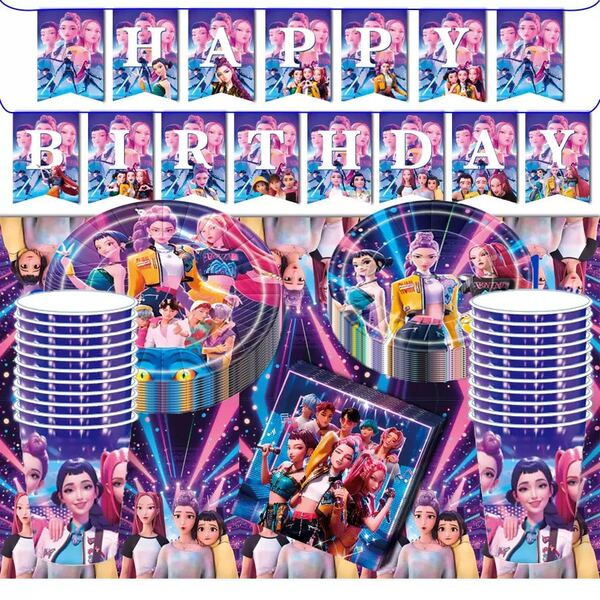 Set de 51 piezas de disfraz con tema de grupo de ídolos K-Pop para fiesta de vuelta a la escuela, adecuado para 10 personas, vajilla desechable para fiesta de cumpleaños, que incluye platos, vasos y servilletas. Decoraciones festivas, adecuadas para camping, picnic, barbacoa en el patio y decoración de fiesta, regalo perfecto para fans. Muy adecuado para Halloween, Navidad, Acción de Gracias y cena de fiesta de cumpleaños. También es una decoración ideal para Halloween, Navidad, Acción de Gracias y fiesta, un gran regalo sorpresa para fans de K-POP.