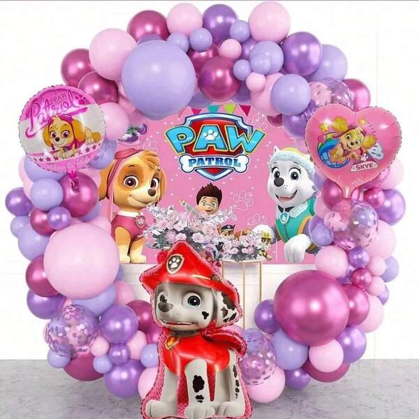  PAW Patrol Pink Purple Theme Balloon Garland Arch Kit, Official Cute Skye Everest Cartoon Latex Balloons, Confetti Sequin Metallic Balloon Pack, 32 Inch Pink Number Foil Balloon, Puppy Character Balloons, Pink Backdrop Banner For Birthday Party Decor Birthday Supplies