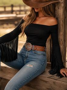 Women's Western Cowgirl Off-Shoulder Fringe Top, Sexy Slim Fit Long Sleeve, Soft Breathable Vintage For Festival Party & Daily Casual Wear - 黑色 - 查看 6