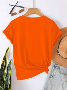 Women's Cotton T-Shirt, "Travel Is My Relax" Letter,Airplane & Heart Print,Loose Round Neck Short Sleeve Tee,Breathable For Summer Daily Wear - 橘色 - 查看 2