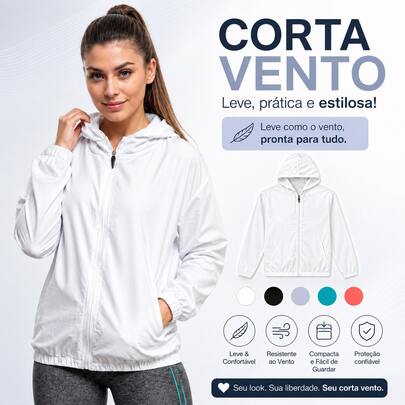 Corta vento jaqueta Lisa feminina resistente água Academia Leve Confortável Capuz forrado Zíper c/ Bolso