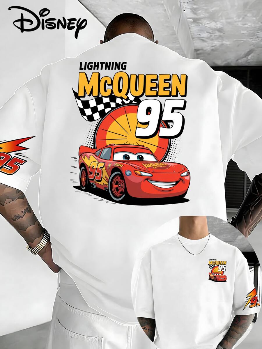 Disney Lightning McQueen No. 95 Race Car Short Sleeve T-Shirt With Front And Back Print, Retro Cars Cartoon Motif, Classic Checkered Flag And Flame Sleeve Details, Speed Racing End Design, White Loose-Fit Crew Neck T-Shirt Made From Soft, Breathable 100% Cotton Fabric. Suitable For Disney Fans, Racing Enthusiasts, And Students, Perfect For Everyday Wear, School, Outdoor Activities, And Themed Parties. This T-Shirt Series Utilizes Iconic Disney Cars Elements, The Famous Number 95, And Retro Racing Lines, Combining American Street Style With Cartoon Design And Is Popular With Teens And Families. - trắng - Xem 1