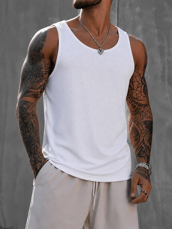 Men's Pure White Mesh Tank Top, Casual Sleeveless Sports Shirt, U-Neck Athletic Tank, Suitable For Fitness, Workout And Daily Streetwear