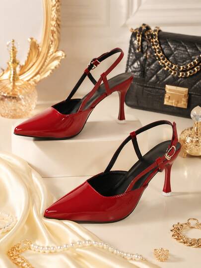 2026 Nuevos tacones altos de charol rojo con correa de tobillo, stilettos de punta fina tipo ballet dulce, sandalias de tacón alto lindas para campus, adecuadas para el uso diario, citas y atuendos de fiesta