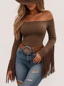 Women's Western Cowgirl Off-Shoulder Fringe Top, Sexy Slim Fitted Long Sleeve Tassel Blouse – Soft Breathable Fabric, Vintage Western Style, Perfect For Music Festival Party & Daily Casual Wear - light brown - 查看 2